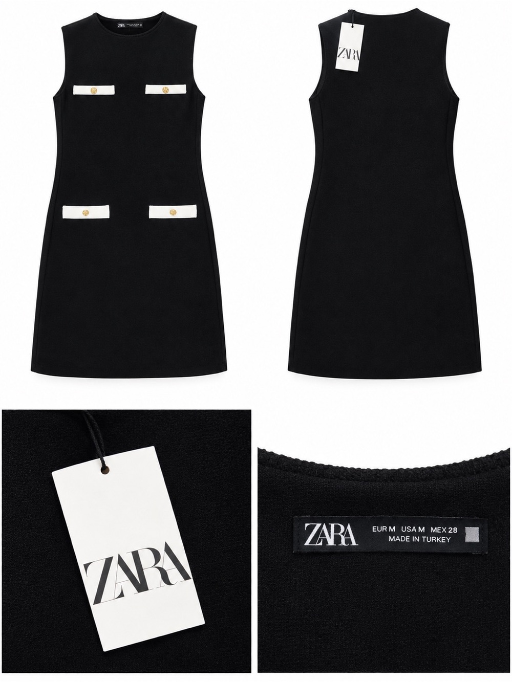 Zara Black Sleeveless Shift Dress with White Pocket Accents